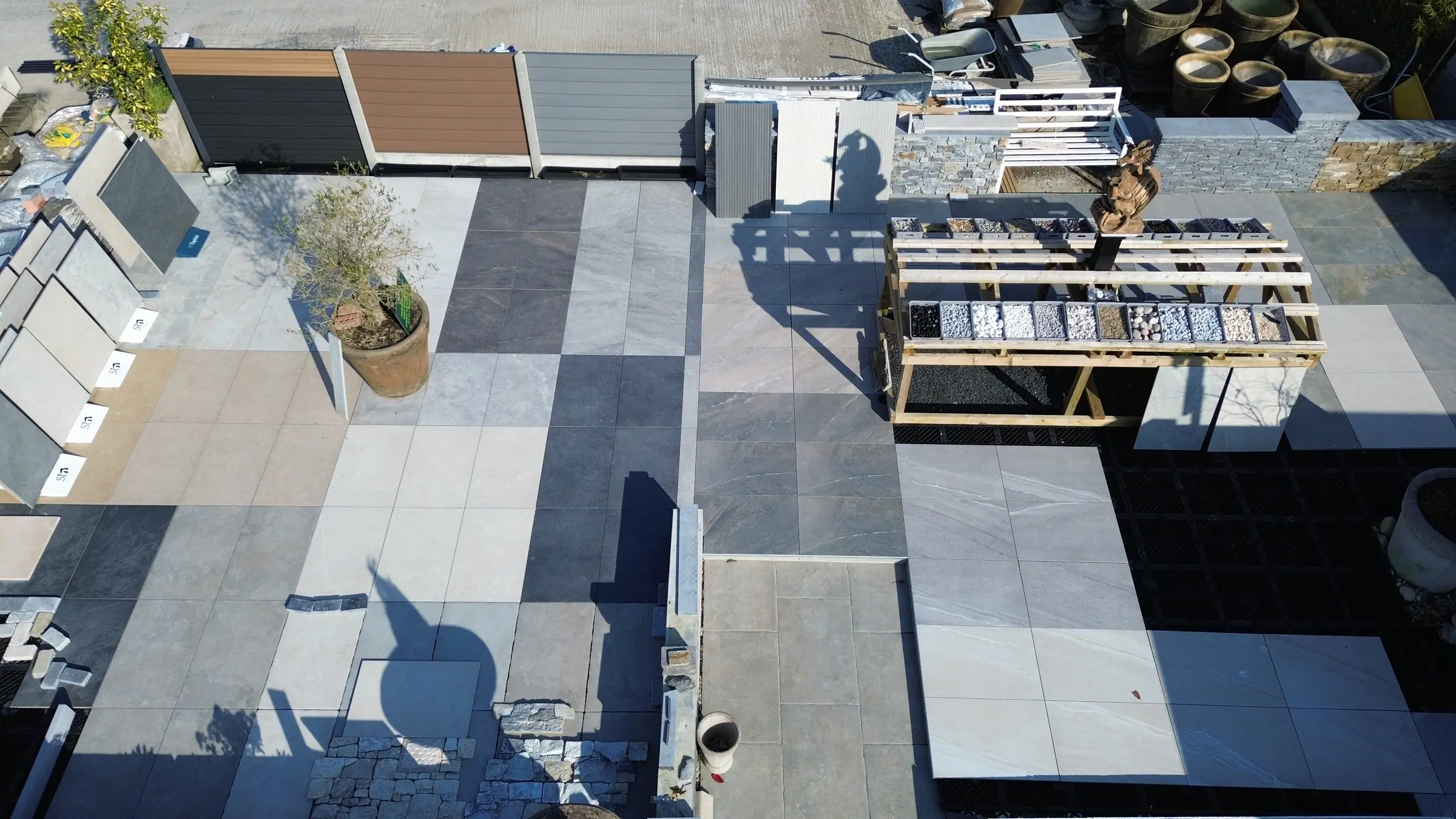 Aerial view of the Creative Gardens yard in Ballyneety with paving displays