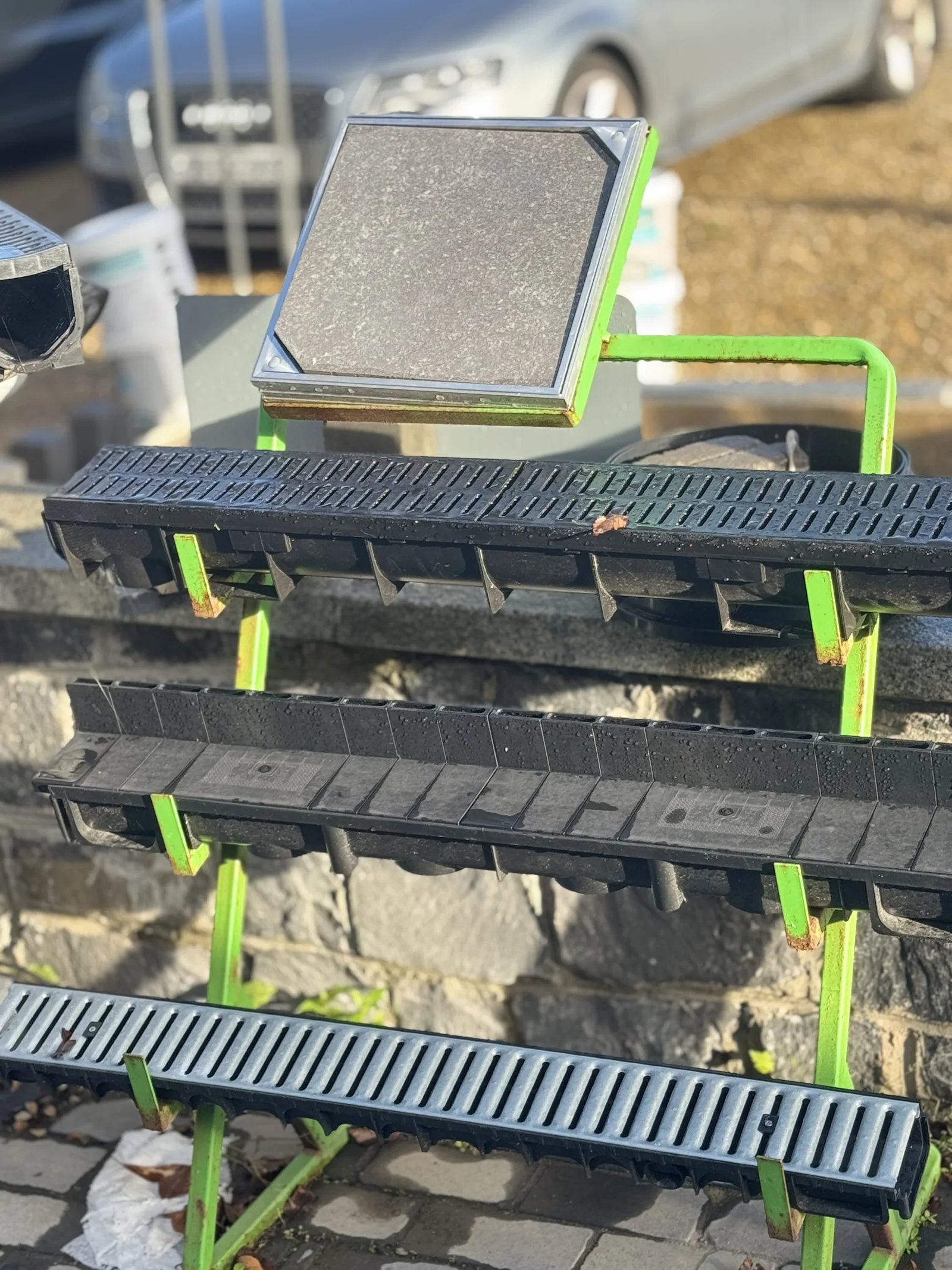 Modular aqua drain channels stacked ready for installation